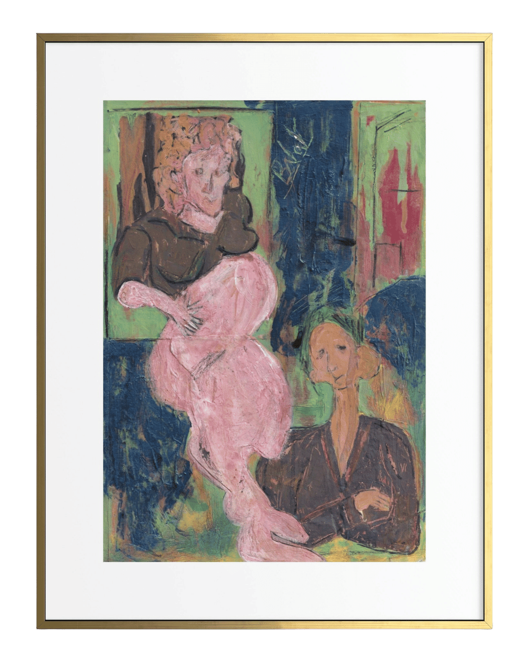 Framed artwork of two figures in a stylized setting with a gold frame.