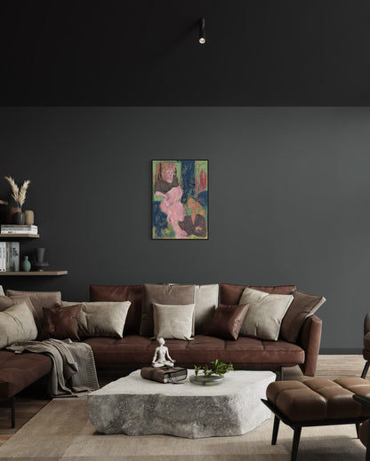 Modern living room with a brown sectional sofa, coffee table, and abstract painting on a dark gray wall.