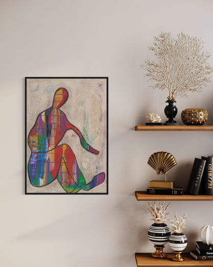 Colorful abstract art piece on a wall with decorative shelves below