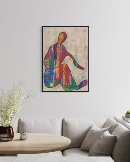 Colorful abstract art piece on a wall above a sofa in a living room.