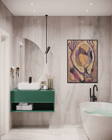 Modern bathroom with green vanity, round mirror, and abstract art on the wall.
