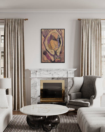 Living room with marble fireplace, gray armchair, and abstract painting.