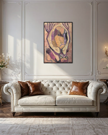 White tufted sofa with brown cushions in a room with decorative wall art.