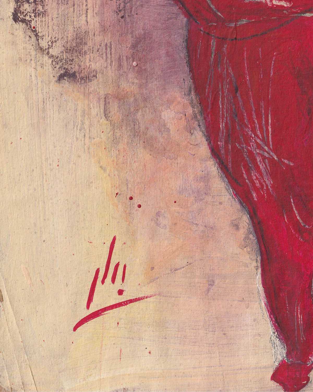 Artistic depiction of a figure in red robes on a textured beige background