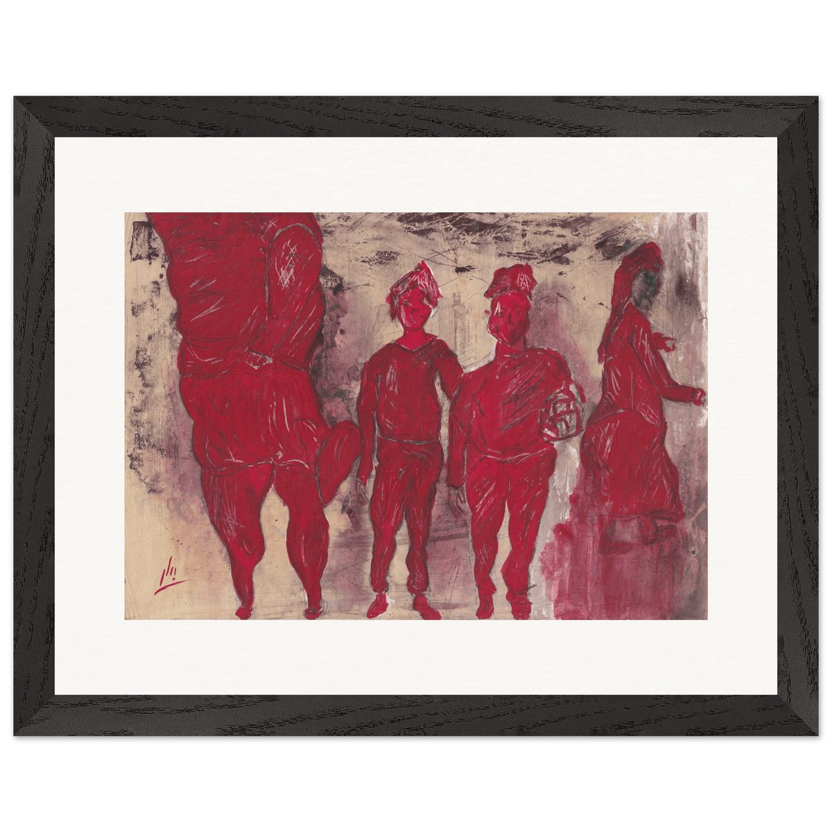 Framed artwork of red figures on a textured beige background