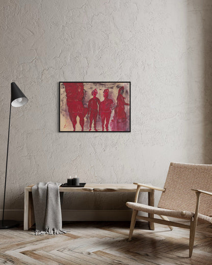 Living room with a textured wall, chair, lamp, and framed artwork.