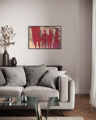 Living room with a gray sofa, coffee table, and abstract art on the wall.