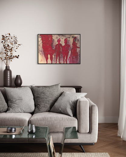 Living room with a gray sofa, coffee table, and abstract art on the wall.