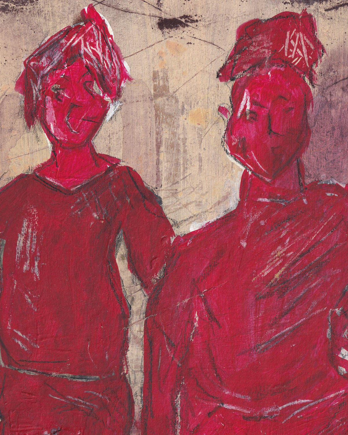 Two red figures on a textured beige background