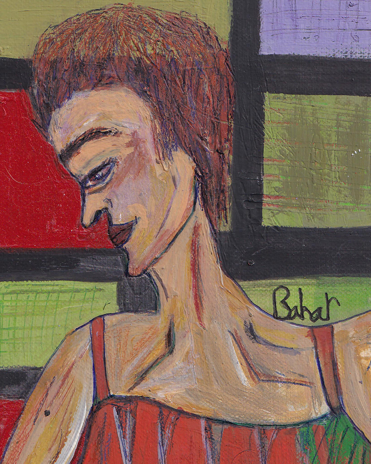 Artistic depiction of a person with red hair and a red dress, signed 'Buhar', against a colorful background.
