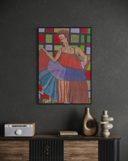 Colorful abstract painting of a woman on a dark wall above a wooden console table.