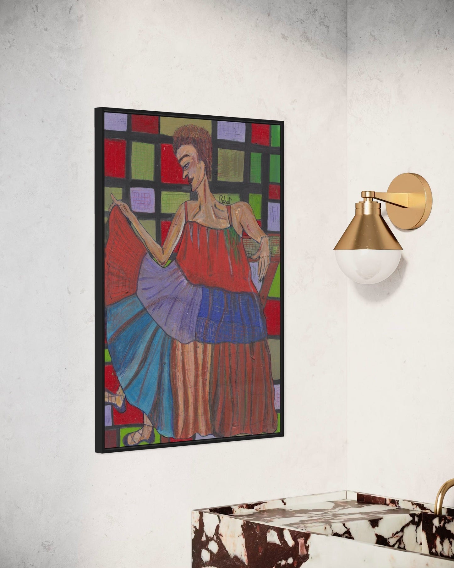 Colorful abstract painting of two people dancing on a white wall with a gold wall light fixture.