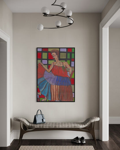 Colorful abstract painting on a wall above a bench in a room.