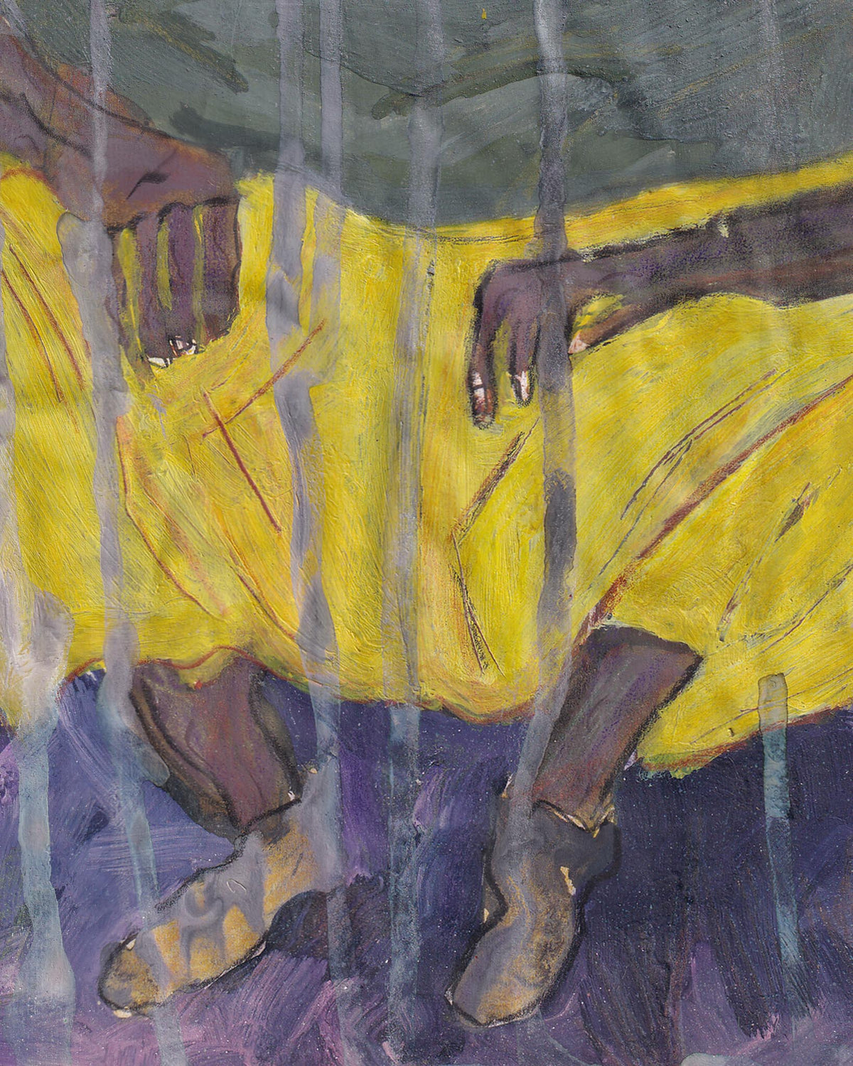 Person wearing a yellow jumpsuit in a jail cell with bars above.