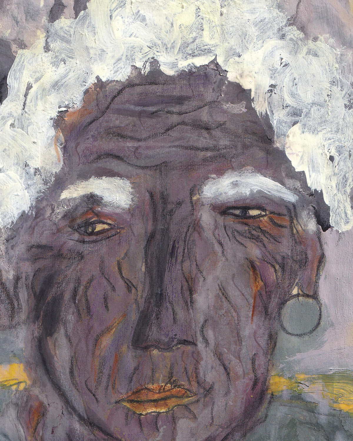 Abstract painting of a face with textured surface and earthy tones