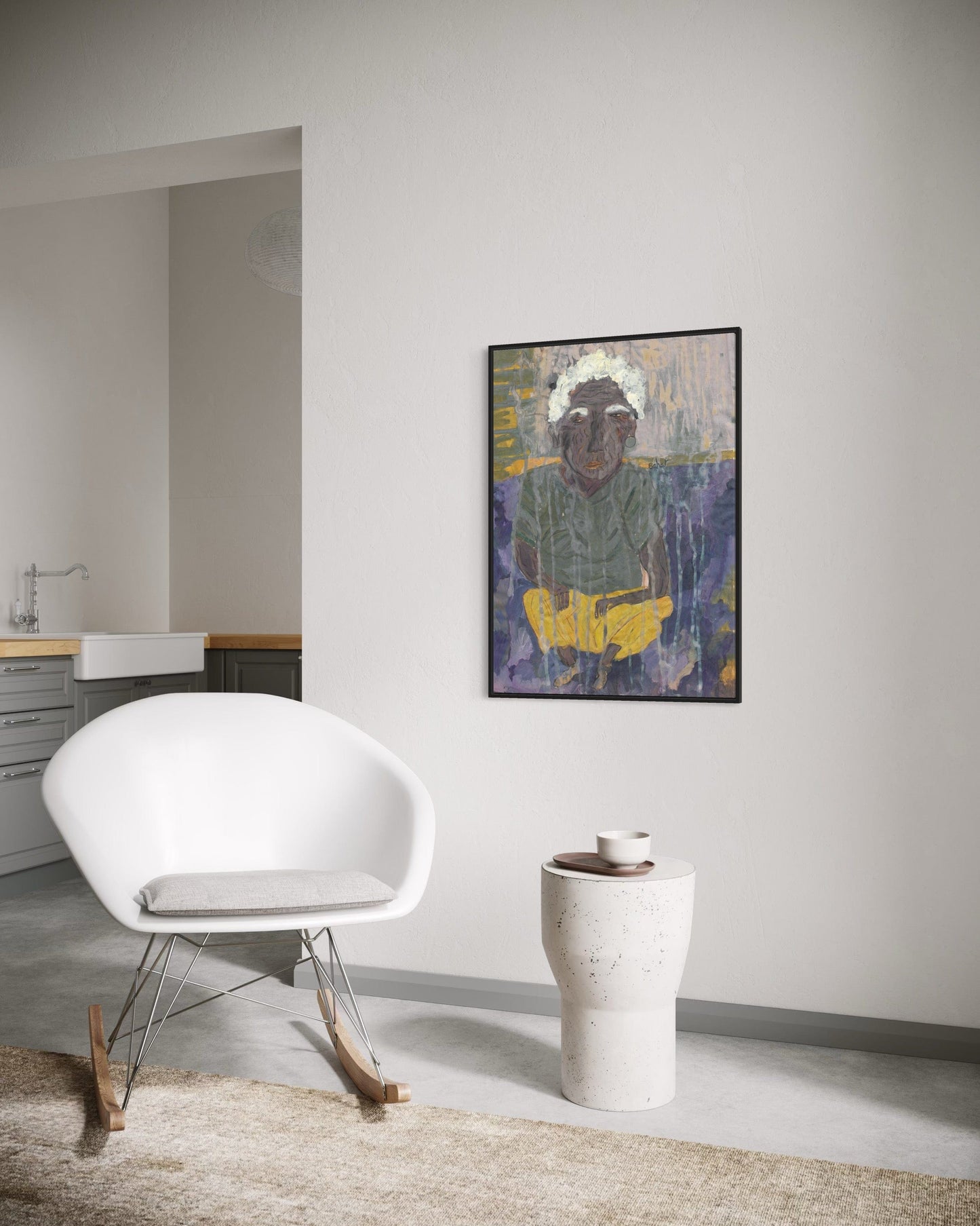 Modern interior with a white chair, textured wall, and abstract painting.