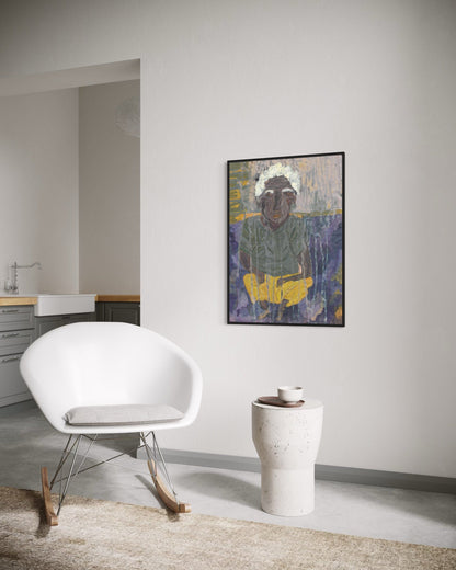 Modern interior with a white chair, textured wall, and abstract painting.