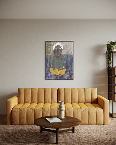 Living room with a yellow sofa, wooden coffee table, and abstract painting on the wall.