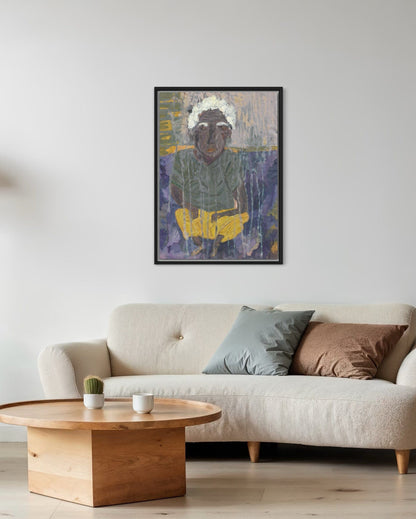 Living room with a beige sofa, wooden coffee table, and a framed artwork on the wall.