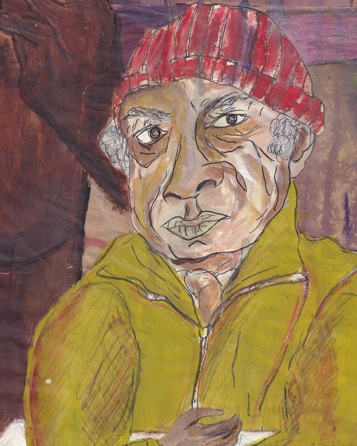 Artistic depiction of a person wearing a red beanie and green jacket against a textured background