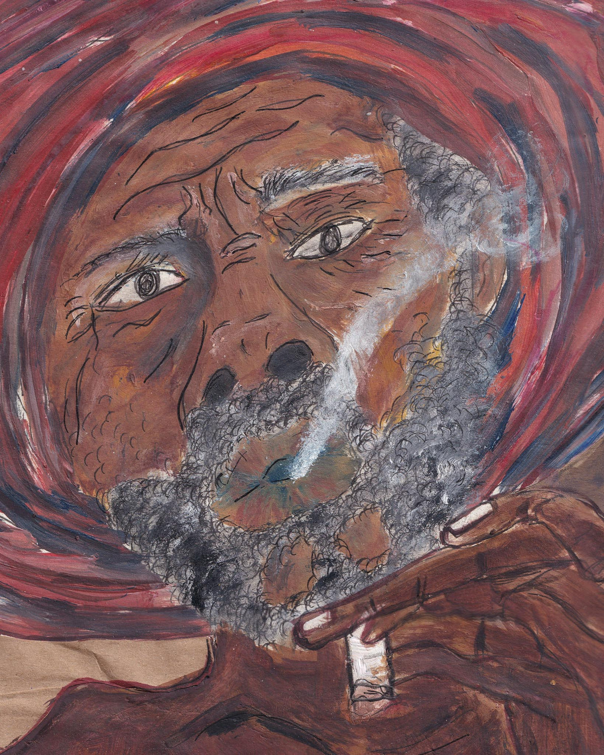 Artistic depiction of a face with a red and brown background
