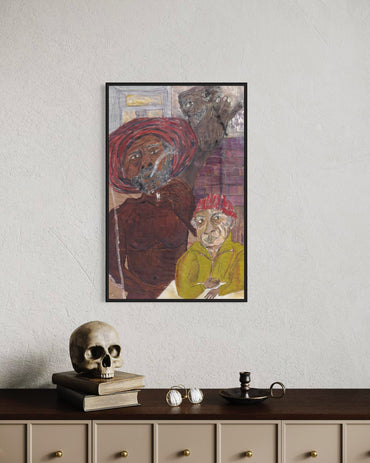 Framed artwork of two figures on a wall above a shelf with decorative items.