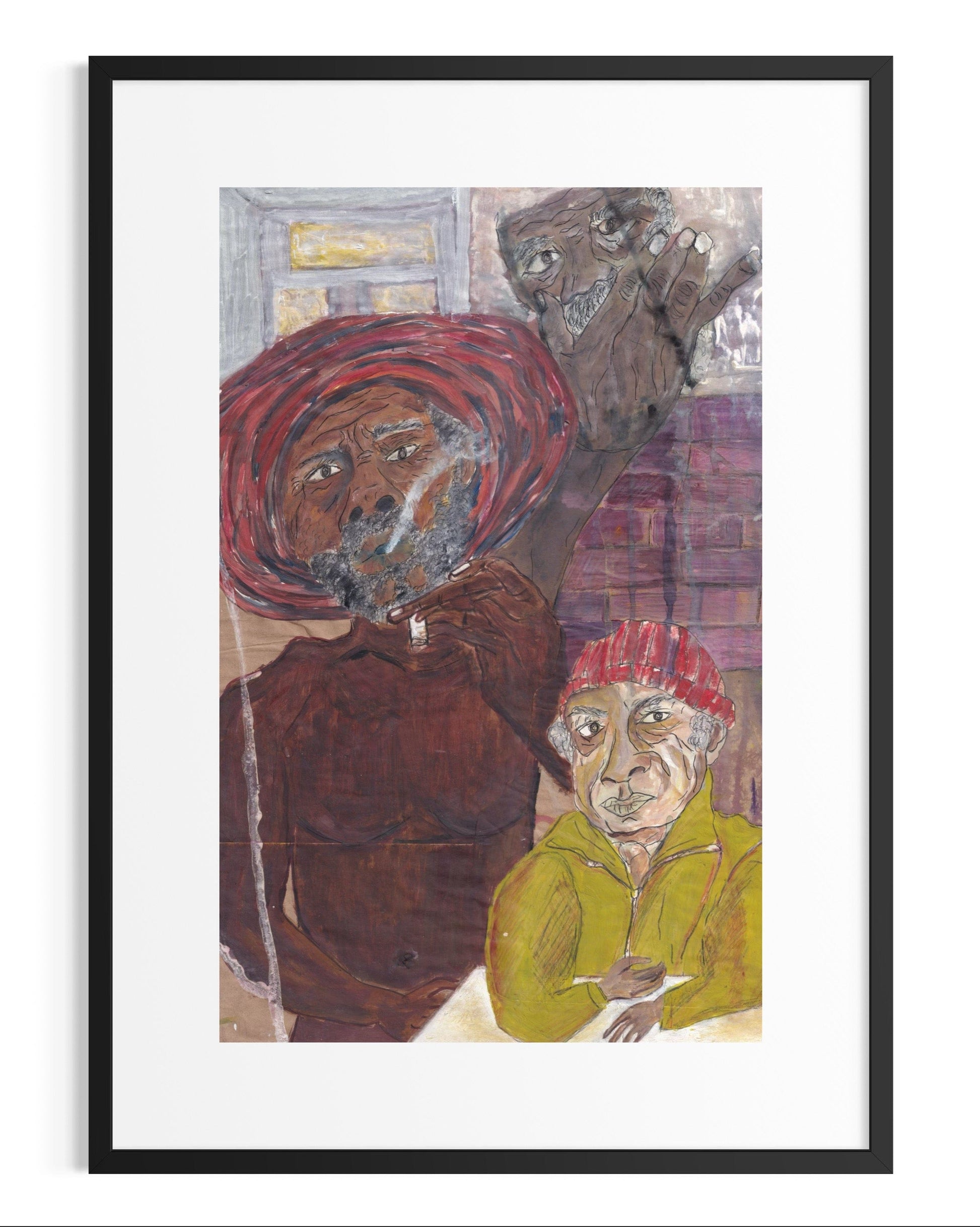 Framed artwork of two figures with a black frame