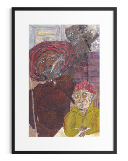 Framed artwork of two figures with a black frame