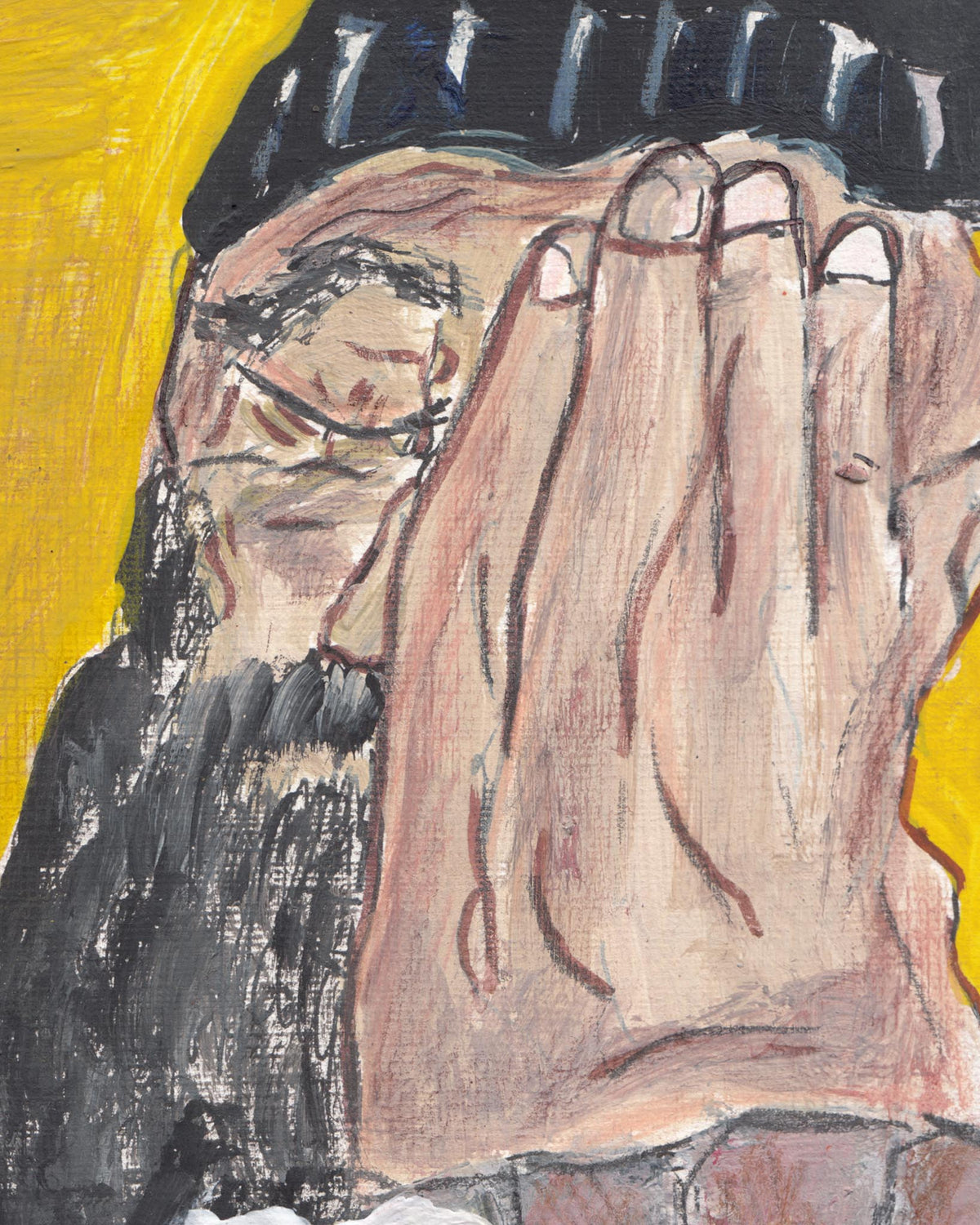 Artistic depiction of a person with hands covering their face against a yellow background