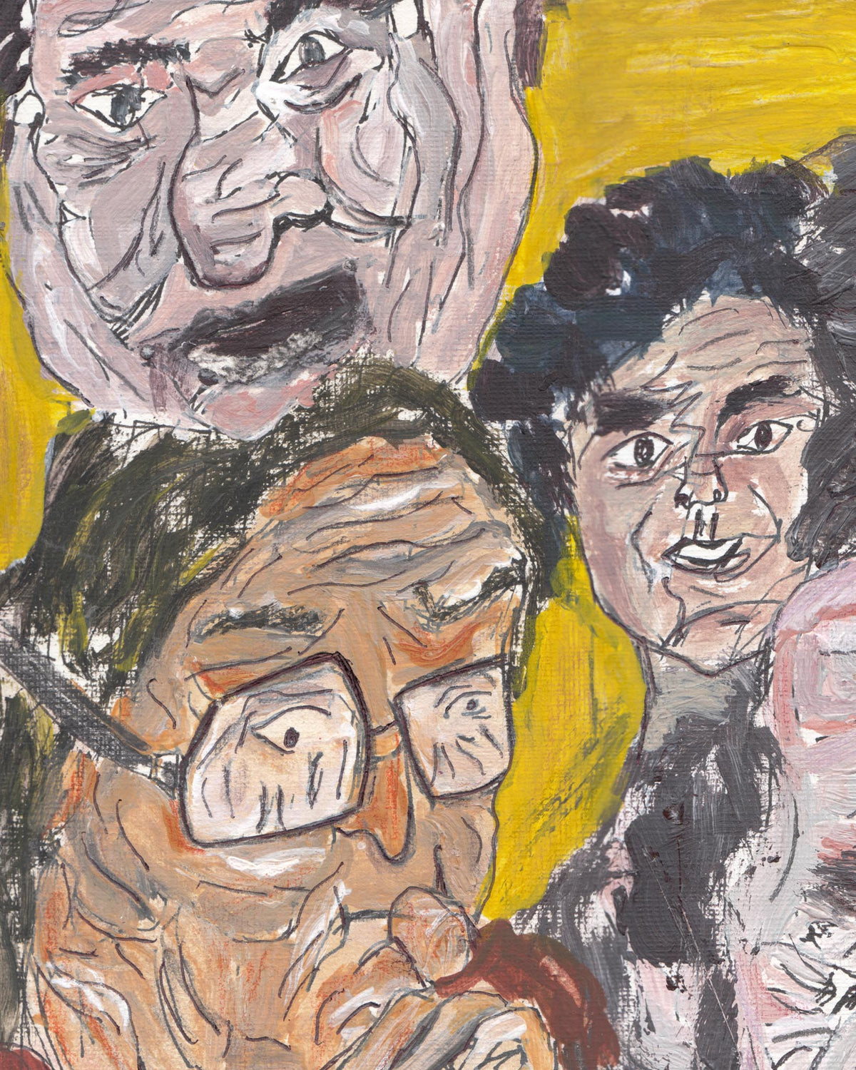 Artistic depiction of three faces with a yellow background