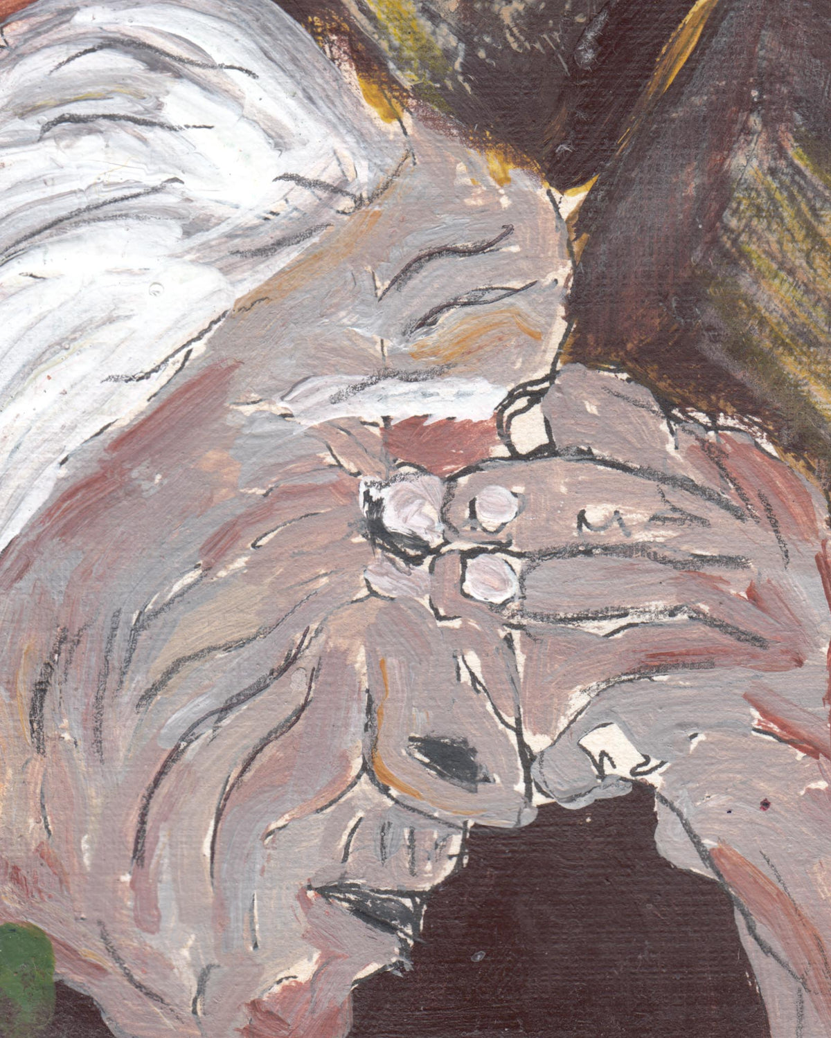 Abstract painting of a face with a focus on the hair and facial features.
