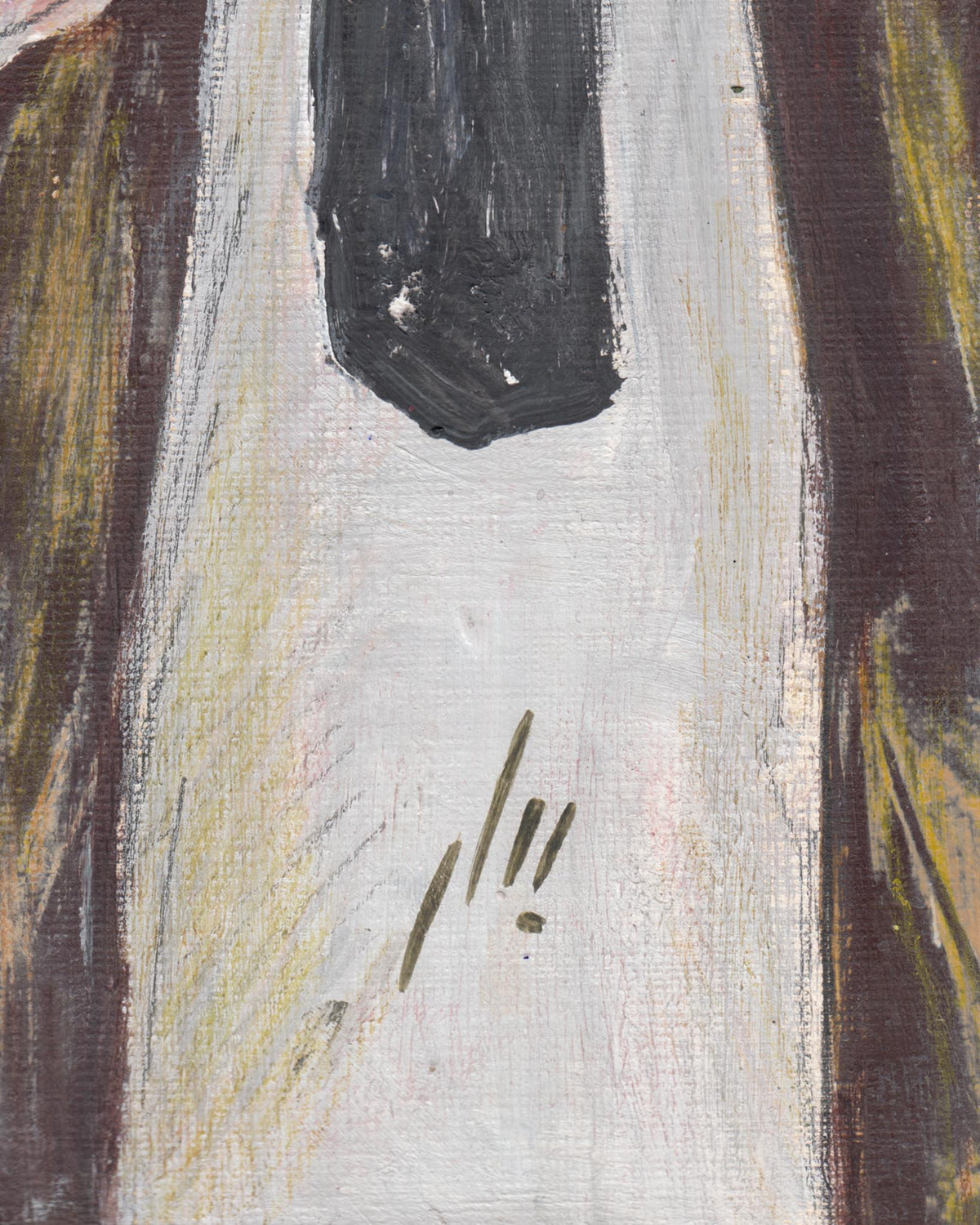 Close-up of a textured surface with abstract brush strokes in black, white, and yellow.