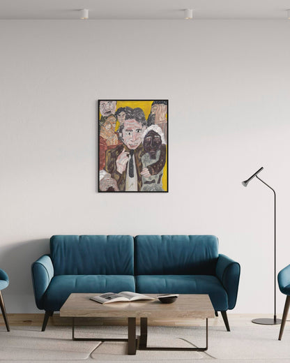 Modern living room with a blue sofa, wooden coffee table, and colorful wall art.
