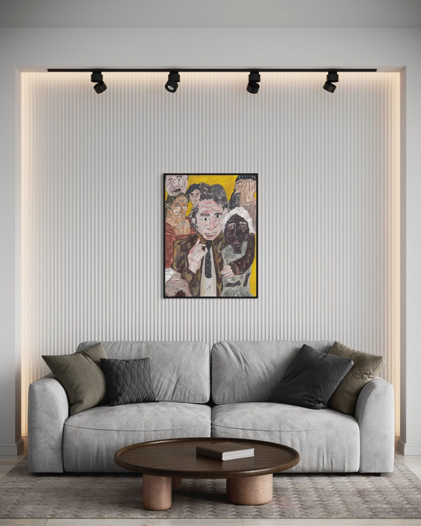 Gray sofa in a living room with a colorful painting on the wall.