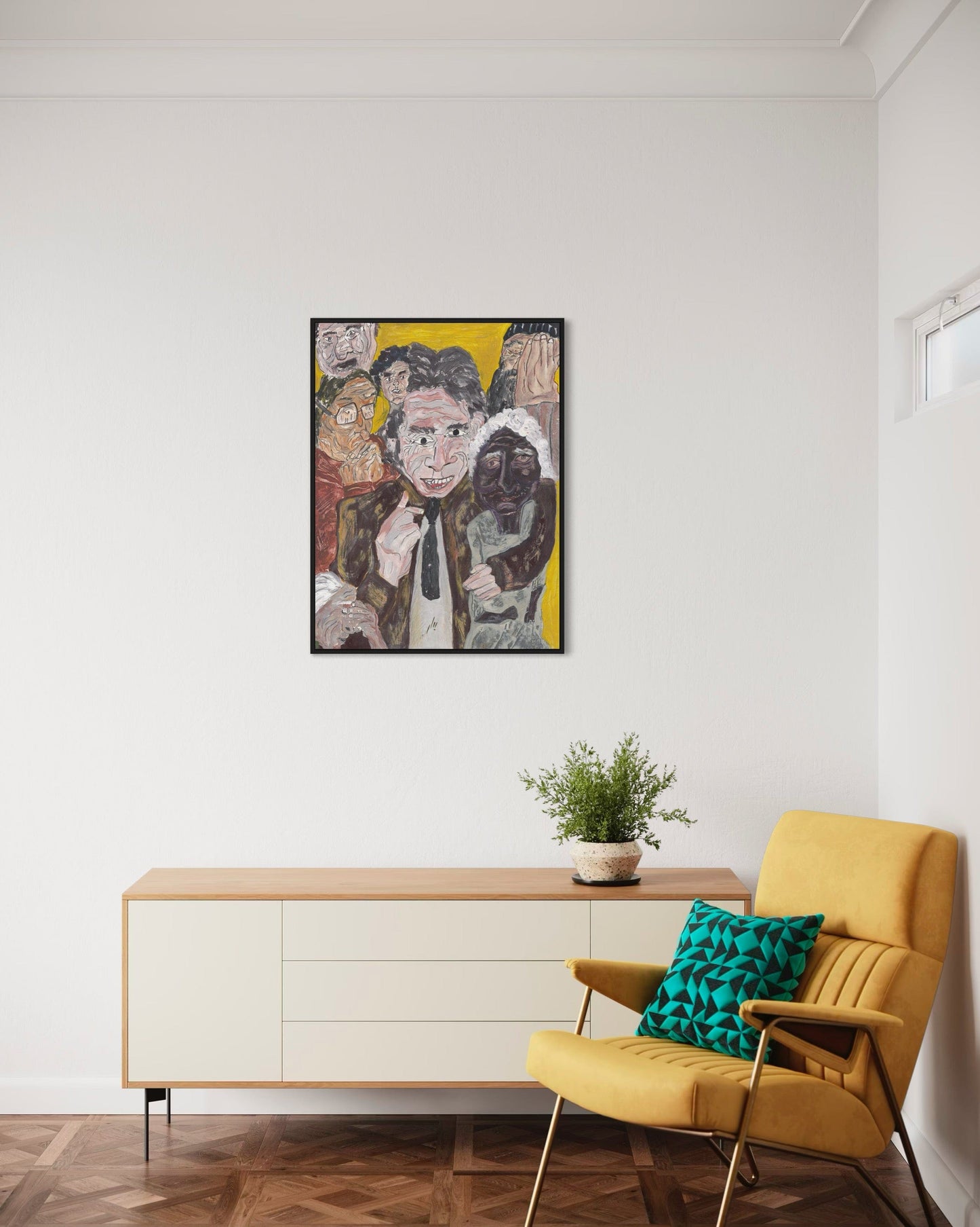 Modern living room with a yellow armchair, sideboard, and colorful abstract art on the wall.