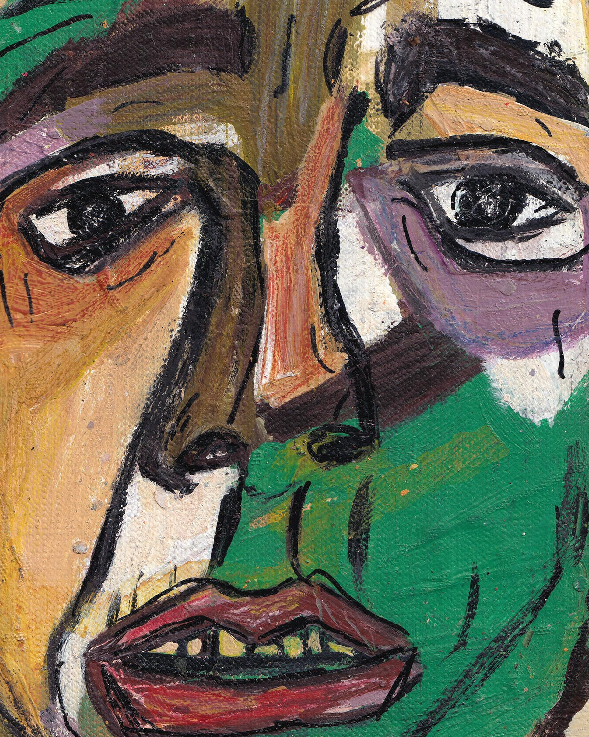 Abstract artwork with two faces and a boat, using a limited color palette.