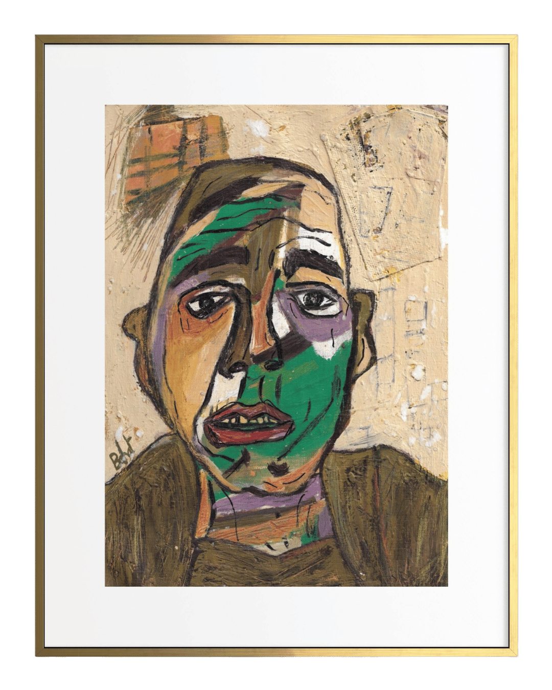 Artistic portrait with a green face and brown hair in a gold frame.