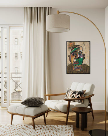 Modern living room with a white armchair, ottoman, and decorative floor lamp.