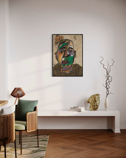 Living room with a painting on the wall, a chair, and a table with decorative items.