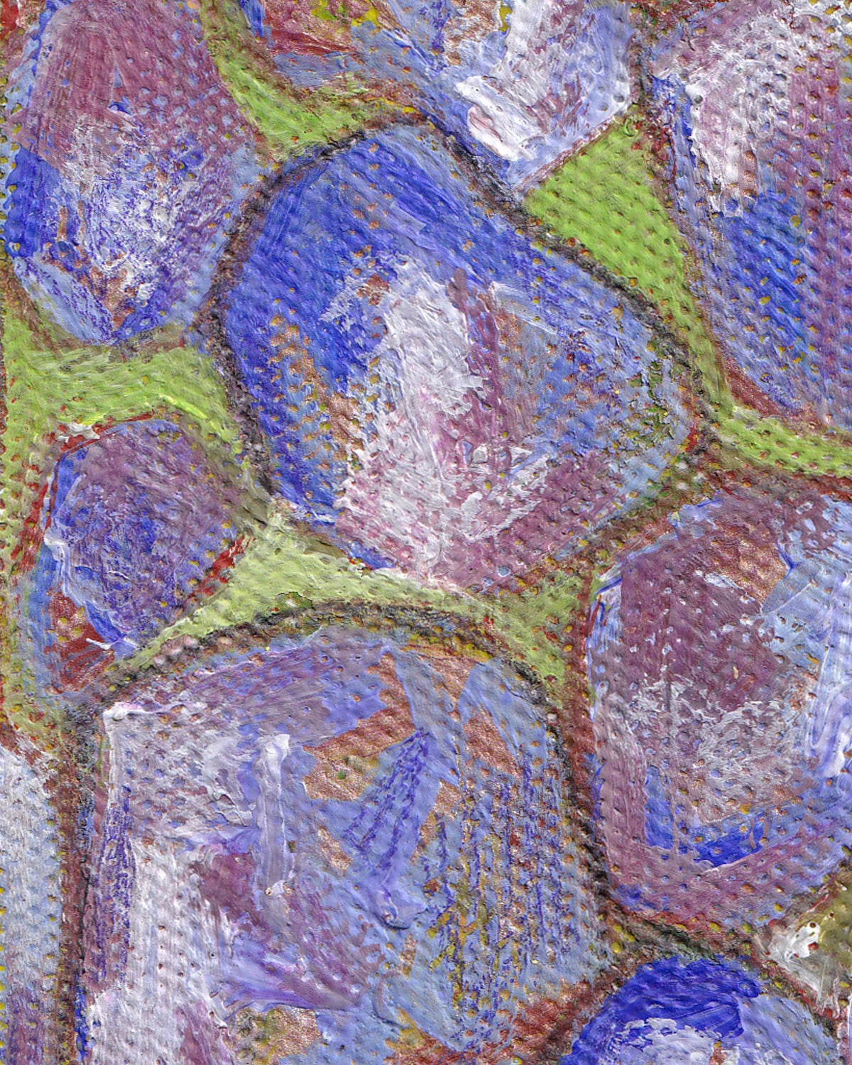 Close-up of a textured surface with blue, purple, and green colors.