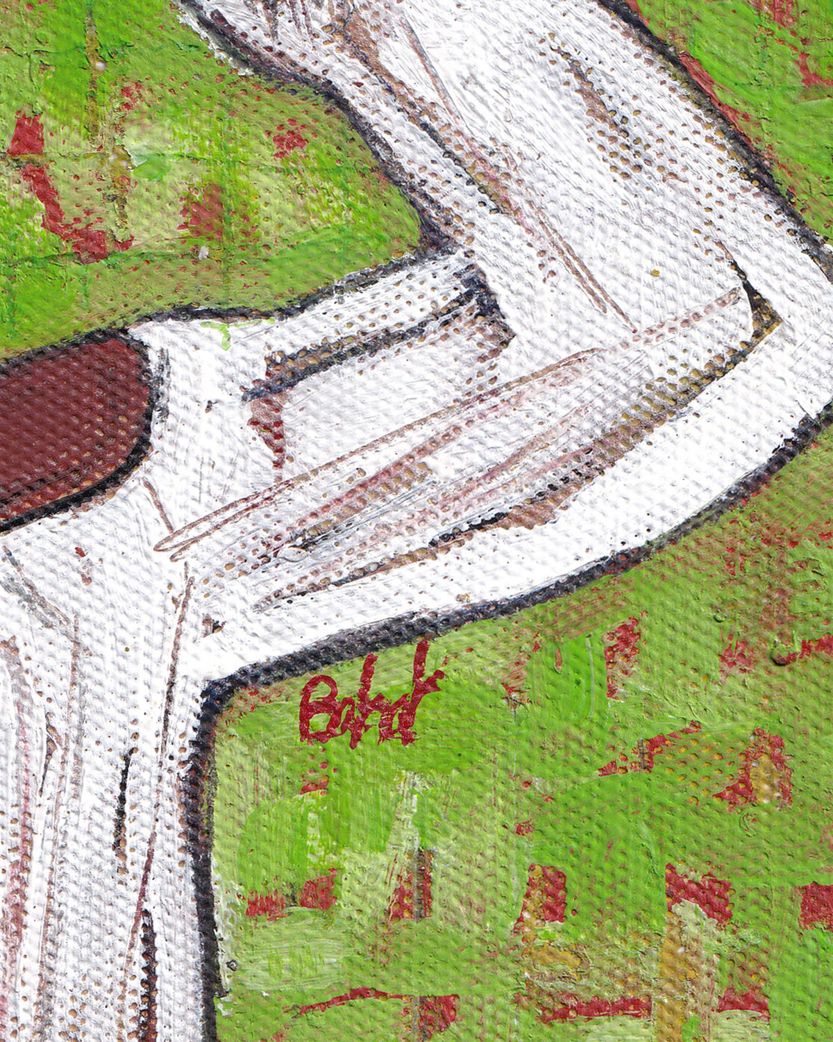 Close-up of a person wearing a white shirt with a green patterned background