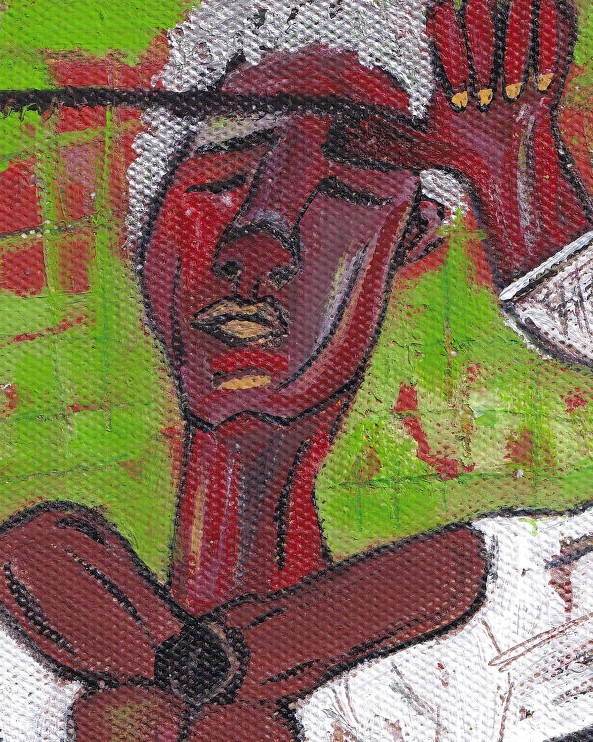 Artistic depiction of a figure with a red face and green background