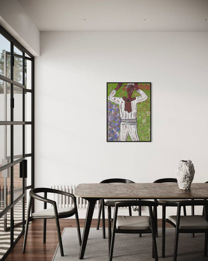 Dining room with a wooden table and chairs, featuring a colorful abstract painting on the wall.