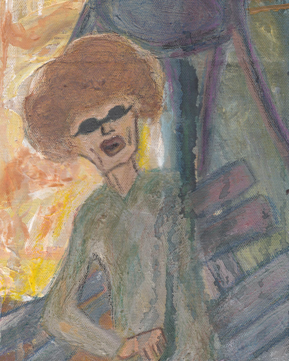 Abstract artwork with a figure wearing sunglasses and a green outfit, surrounded by warm colors.