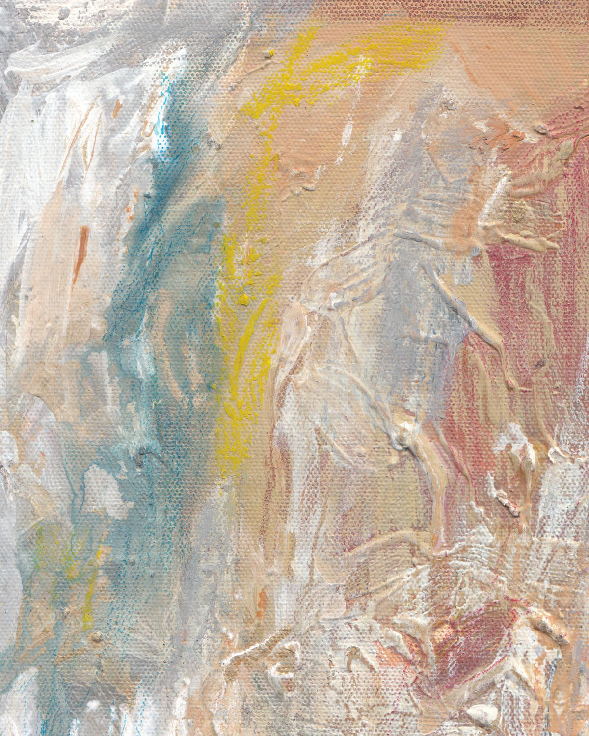 Abstract painting with textured brushstrokes in beige, blue, and yellow.