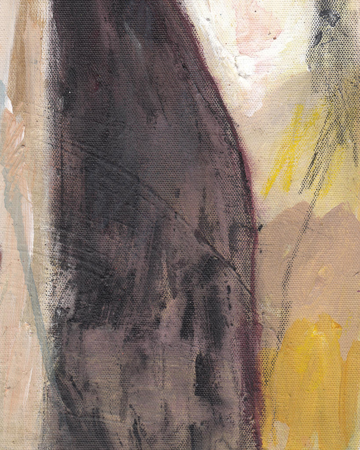Abstract art with dark purple and yellow elements on a textured surface
