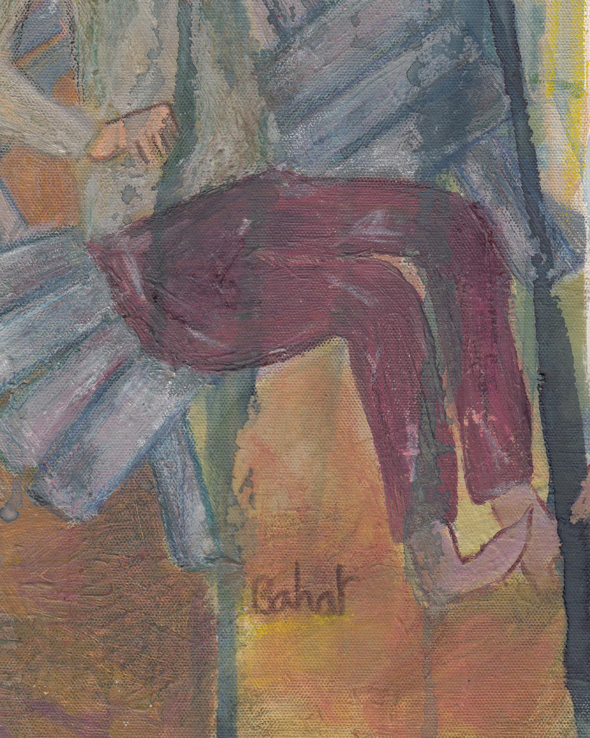 Artistic depiction of a person sitting with a pillow, wearing a red garment, on a textured surface.