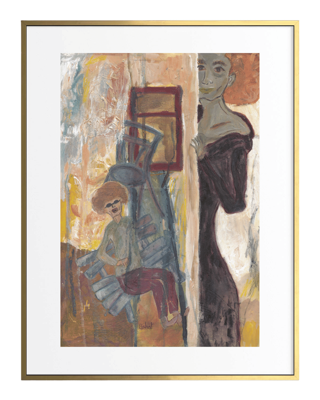 Framed artwork of two figures in a stylized setting with abstract elements.