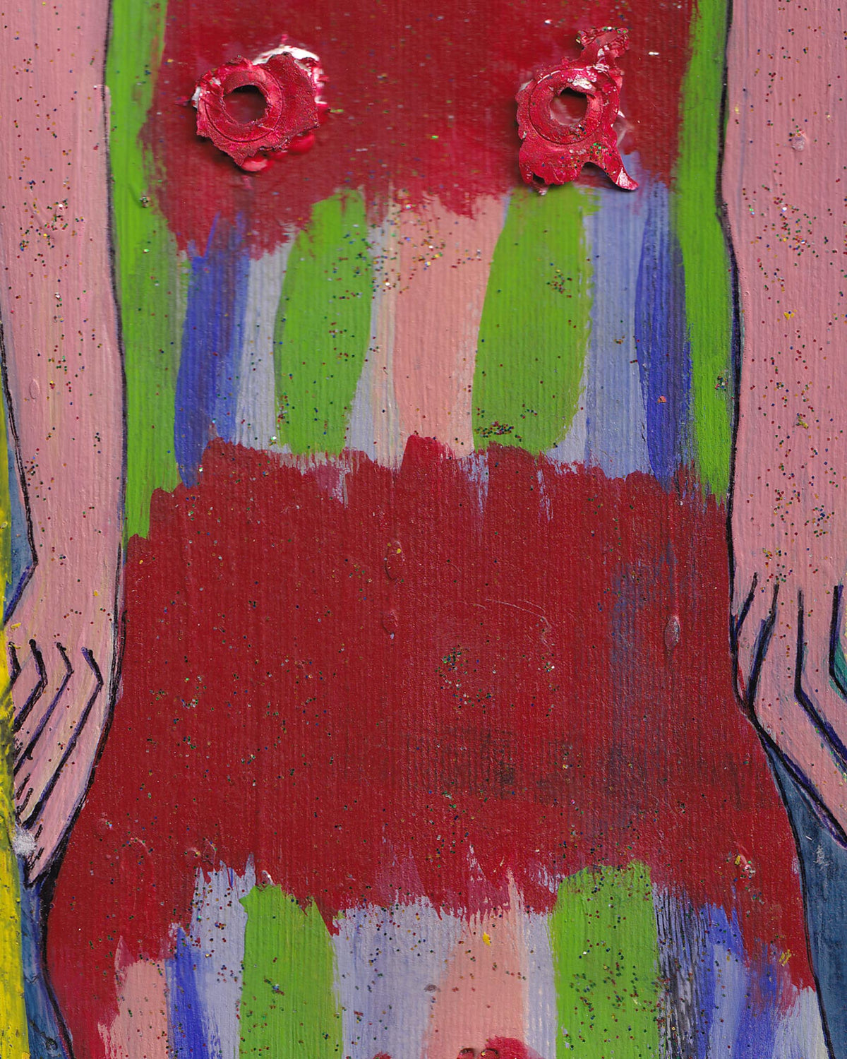 Abstract painting with red, green, and blue colors on a textured surface.