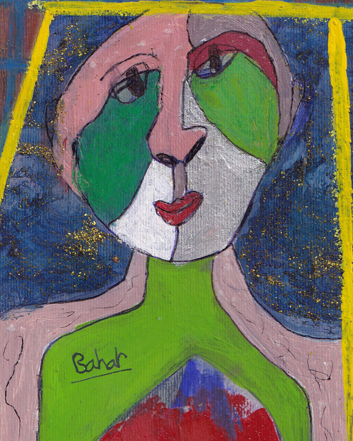 Abstract painting of a face with green, pink, and blue colors on a blue background.